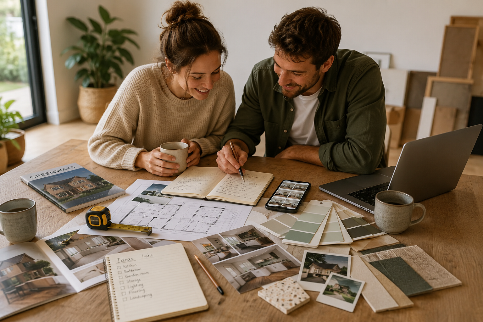 A couple working together at a wooden desk surrounded by planning materials: floor plans, paint swatches, inspiration photos, notebooks, and a laptop