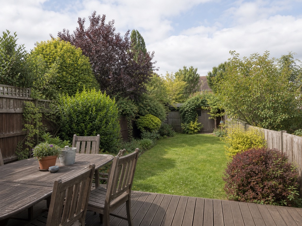 Long rear garden with decking and a garden shed